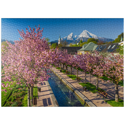 puzzleplate Blossoming cherry trees, cherry blossom in Berchtesgaden spa garden with Watzmann mountain 1000 Jigsaw Puzzle