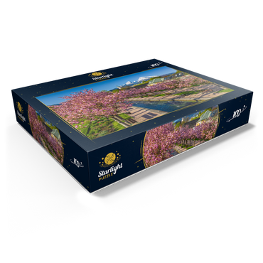 Blossoming cherry trees, cherry blossom in Berchtesgaden spa garden with Watzmann mountain 100 Jigsaw Puzzle box view1