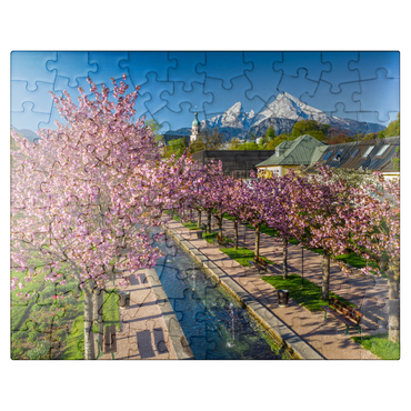 puzzleplate Blossoming cherry trees, cherry blossom in Berchtesgaden spa garden with Watzmann mountain 100 Jigsaw Puzzle
