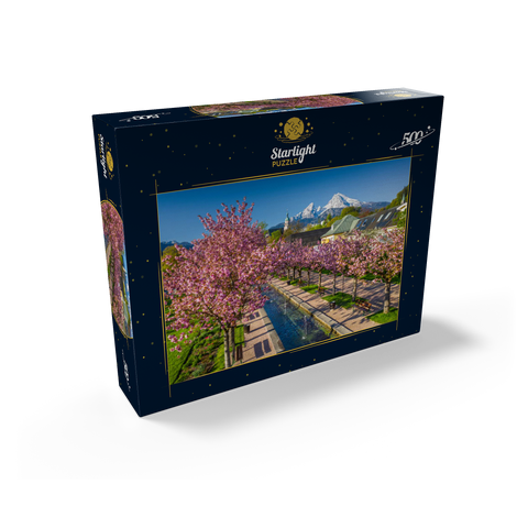 Blossoming cherry trees, cherry blossom in Berchtesgaden spa garden with Watzmann mountain 500 Jigsaw Puzzle box view1