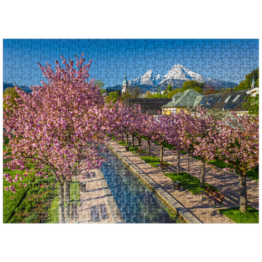 puzzleplate Blossoming cherry trees, cherry blossom in Berchtesgaden spa garden with Watzmann mountain 500 Jigsaw Puzzle