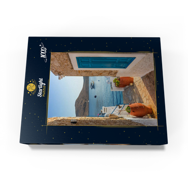 Alley with view to the sea in the morning, Emborios harbor village, Chalki island, Dodecanese, Greece 1000 Jigsaw Puzzle box view1