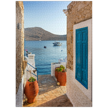 puzzleplate Alley with view to the sea in the morning, Emborios harbor village, Chalki island, Dodecanese, Greece 1000 Jigsaw Puzzle