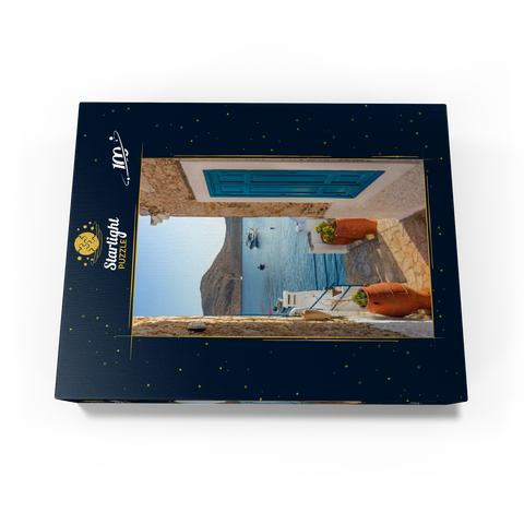 Alley with view to the sea in the morning, Emborios harbor village, Chalki island, Dodecanese, Greece 100 Jigsaw Puzzle box view1