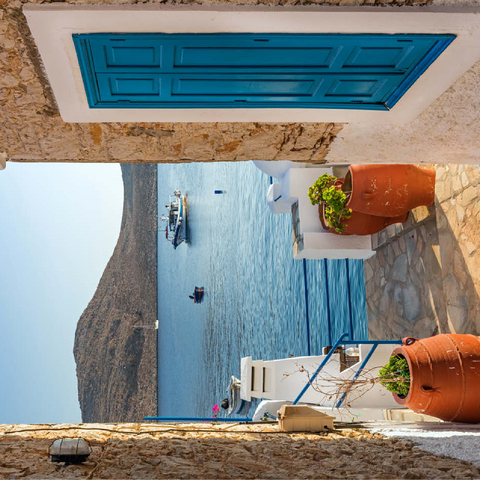 Alley with view to the sea in the morning, Emborios harbor village, Chalki island, Dodecanese, Greece 100 Jigsaw Puzzle 3D Modell