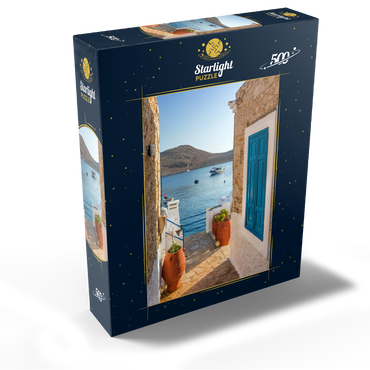 Alley with view to the sea in the morning, Emborios harbor village, Chalki island, Dodecanese, Greece 500 Jigsaw Puzzle box view1