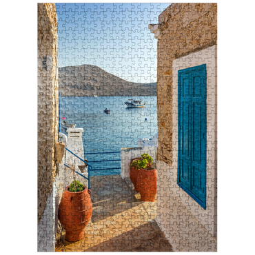 puzzleplate Alley with view to the sea in the morning, Emborios harbor village, Chalki island, Dodecanese, Greece 500 Jigsaw Puzzle