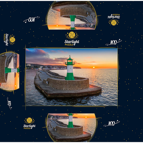 Lighthouse at sunrise at the pier, east pier at the entrance to the city harbor 100 Jigsaw Puzzle box 3D Modell