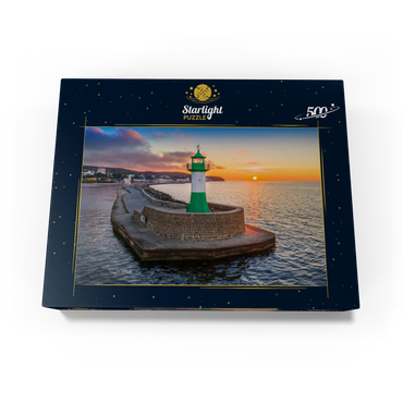 Lighthouse at sunrise at the pier, east pier at the entrance to the city harbor 500 Jigsaw Puzzle box view1