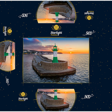 Lighthouse at sunrise at the pier, east pier at the entrance to the city harbor 500 Jigsaw Puzzle box 3D Modell