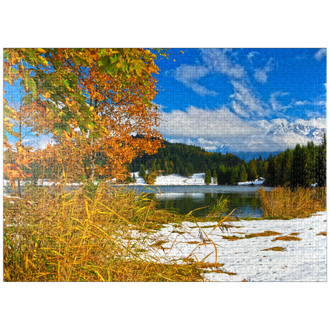 puzzleplate The first snow in October, Geroldsee near Klais against Karwendel mountains with Wörner (2474m) 1000 Jigsaw Puzzle
