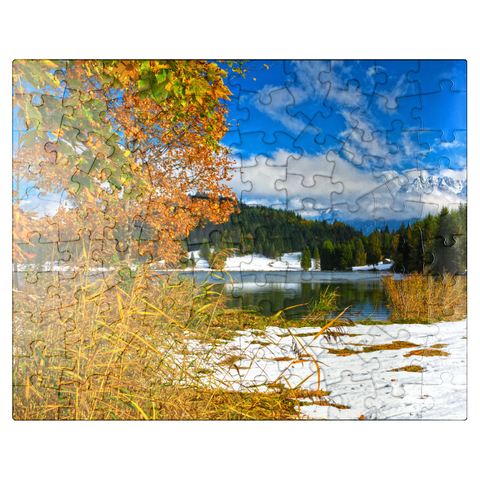 puzzleplate The first snow in October, Geroldsee near Klais against Karwendel mountains with Wörner (2474m) 100 Jigsaw Puzzle