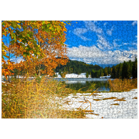 puzzleplate The first snow in October, Geroldsee near Klais against Karwendel mountains with Wörner (2474m) 500 Jigsaw Puzzle