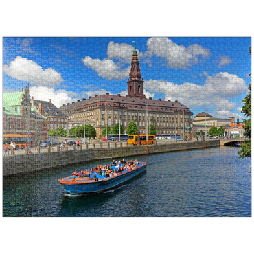 puzzleplate Christiansborg Castle on Slotsholmen Island on Holmen Canal with tour boat, Copenhagen, Denmark 1000 Jigsaw Puzzle