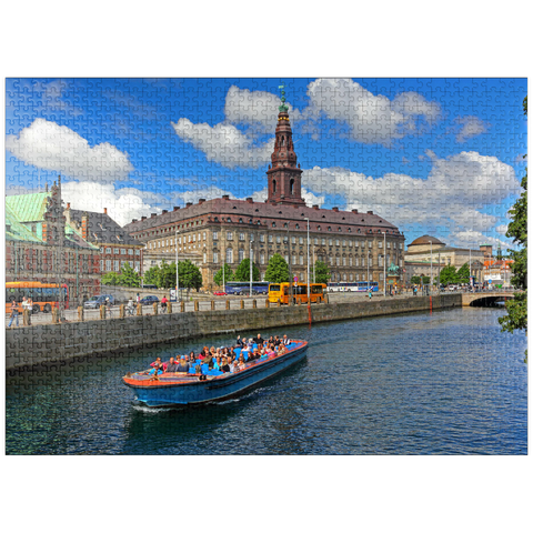 puzzleplate Christiansborg Castle on Slotsholmen Island on Holmen Canal with tour boat, Copenhagen, Denmark 1000 Jigsaw Puzzle