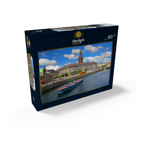 Christiansborg Castle on Slotsholmen Island on Holmen Canal with tour boat, Copenhagen, Denmark 100 Jigsaw Puzzle box view1