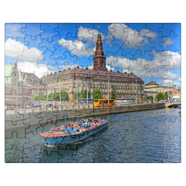 puzzleplate Christiansborg Castle on Slotsholmen Island on Holmen Canal with tour boat, Copenhagen, Denmark 100 Jigsaw Puzzle