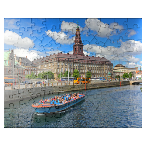 puzzleplate Christiansborg Castle on Slotsholmen Island on Holmen Canal with tour boat, Copenhagen, Denmark 100 Jigsaw Puzzle
