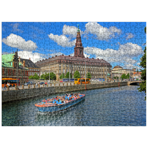 puzzleplate Christiansborg Castle on Slotsholmen Island on Holmen Canal with tour boat, Copenhagen, Denmark 500 Jigsaw Puzzle