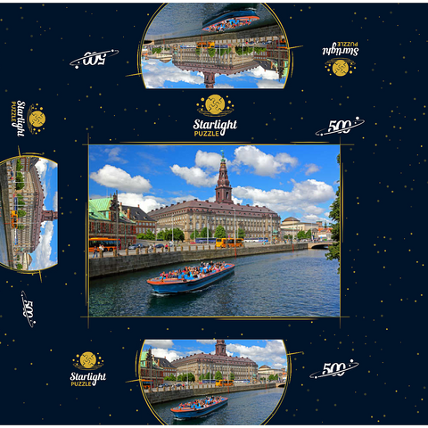 Christiansborg Castle on Slotsholmen Island on Holmen Canal with tour boat, Copenhagen, Denmark 500 Jigsaw Puzzle box 3D Modell