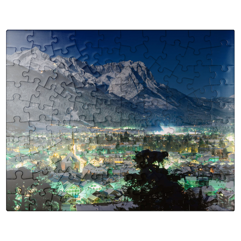 puzzleplate View over Garmisch-Partenkirchen to the Zugspitzgruppe (2962m) at night, Upper Bavaria 100 Jigsaw Puzzle