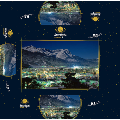 View over Garmisch-Partenkirchen to the Zugspitzgruppe (2962m) at night, Upper Bavaria 100 Jigsaw Puzzle box 3D Modell