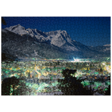 puzzleplate View over Garmisch-Partenkirchen to the Zugspitzgruppe (2962m) at night, Upper Bavaria 500 Jigsaw Puzzle