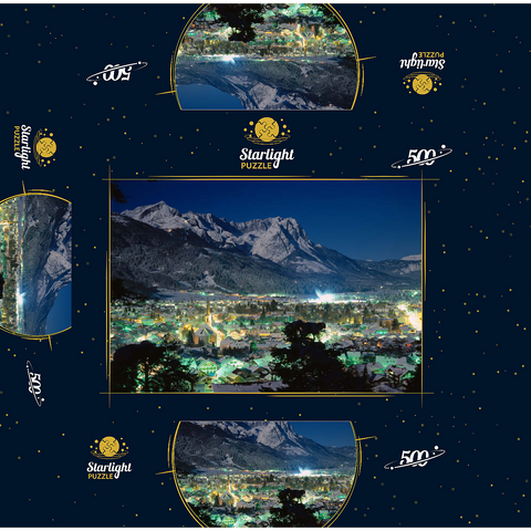 View over Garmisch-Partenkirchen to the Zugspitzgruppe (2962m) at night, Upper Bavaria 500 Jigsaw Puzzle box 3D Modell
