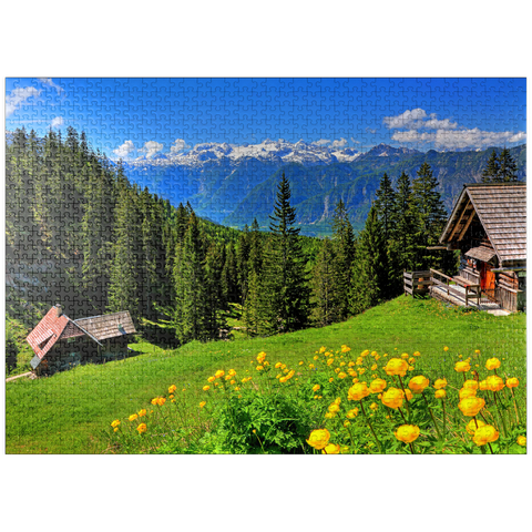 puzzleplate Mountain huts on the Hütteneckalm with view to the Hallstättersee and to the Dachstein (2995m) 1000 Jigsaw Puzzle