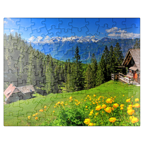puzzleplate Mountain huts on the Hütteneckalm with view to the Hallstättersee and to the Dachstein (2995m) 100 Jigsaw Puzzle