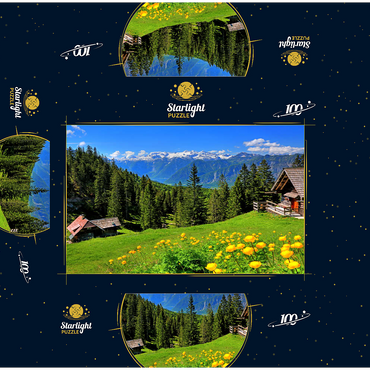 Mountain huts on the Hütteneckalm with view to the Hallstättersee and to the Dachstein (2995m) 100 Jigsaw Puzzle box 3D Modell