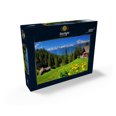 Mountain huts on the Hütteneckalm with view to the Hallstättersee and to the Dachstein (2995m) 500 Jigsaw Puzzle box view1
