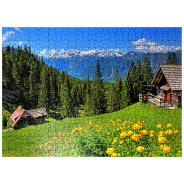 puzzleplate Mountain huts on the Hütteneckalm with view to the Hallstättersee and to the Dachstein (2995m) 500 Jigsaw Puzzle