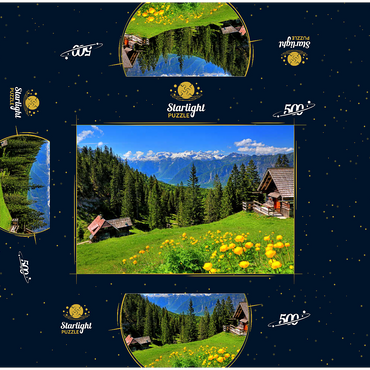 Mountain huts on the Hütteneckalm with view to the Hallstättersee and to the Dachstein (2995m) 500 Jigsaw Puzzle box 3D Modell