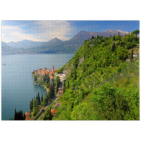 puzzleplate View of the lake, the village and to the castle Vezio, Varenna, Lake Como, province Lecco, Lombardy, Italy 1000 Jigsaw Puzzle