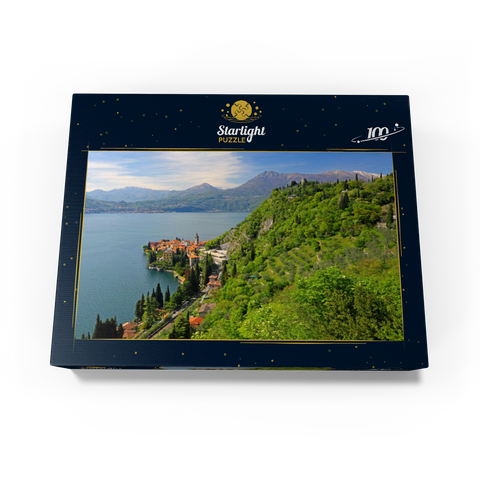 View of the lake, the village and to the castle Vezio, Varenna, Lake Como, province Lecco, Lombardy, Italy 100 Jigsaw Puzzle box view1