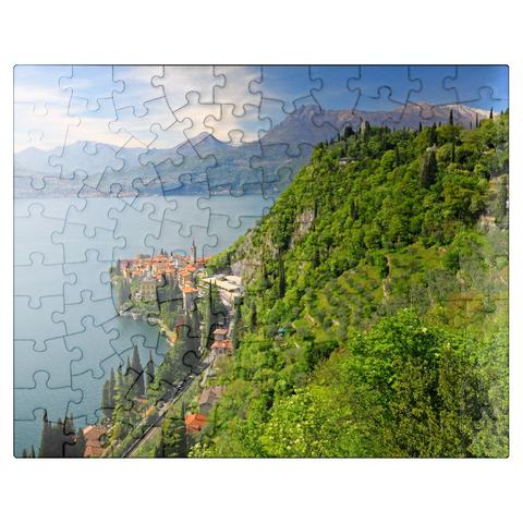 puzzleplate View of the lake, the village and to the castle Vezio, Varenna, Lake Como, province Lecco, Lombardy, Italy 100 Jigsaw Puzzle