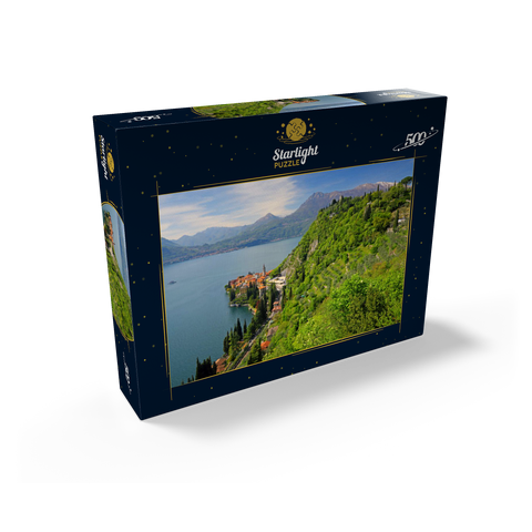 View of the lake, the village and to the castle Vezio, Varenna, Lake Como, province Lecco, Lombardy, Italy 500 Jigsaw Puzzle box view1