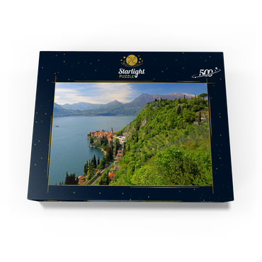 View of the lake, the village and to the castle Vezio, Varenna, Lake Como, province Lecco, Lombardy, Italy 500 Jigsaw Puzzle box view1