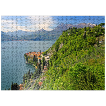 puzzleplate View of the lake, the village and to the castle Vezio, Varenna, Lake Como, province Lecco, Lombardy, Italy 500 Jigsaw Puzzle