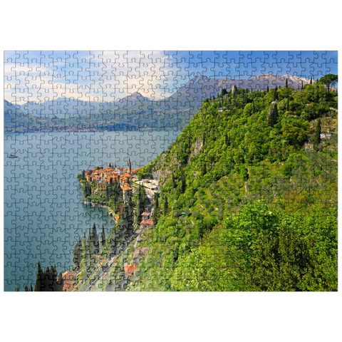 puzzleplate View of the lake, the village and to the castle Vezio, Varenna, Lake Como, province Lecco, Lombardy, Italy 500 Jigsaw Puzzle