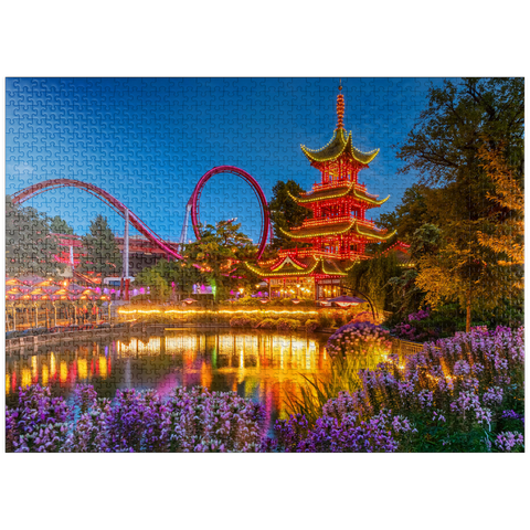 puzzleplate Chinese Pagoda at Tivoli Lake in Amusement Park 1000 Jigsaw Puzzle