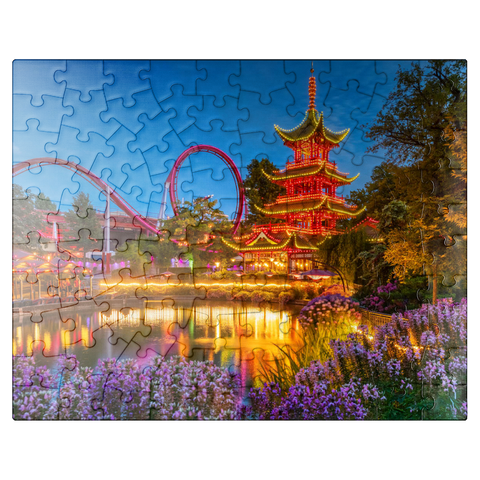 puzzleplate Chinese Pagoda at Tivoli Lake in Amusement Park 100 Jigsaw Puzzle