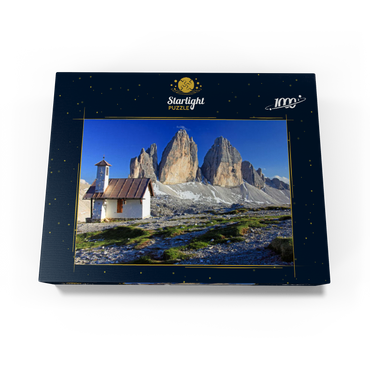 Chapel at the Three Peaks Hut against the north walls of the Three Peaks, Sesto Dolomites, Trentino-South Tyrol 1000 Jigsaw Puzzle box view1