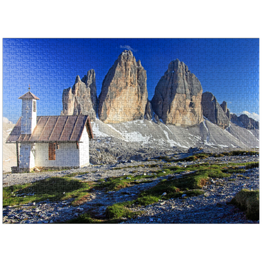 puzzleplate Chapel at the Three Peaks Hut against the north walls of the Three Peaks, Sesto Dolomites, Trentino-South Tyrol 1000 Jigsaw Puzzle
