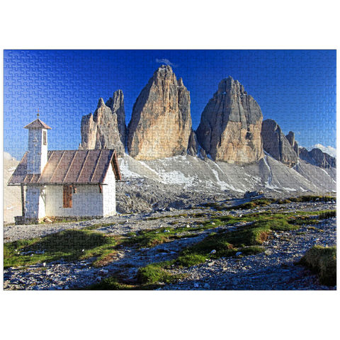 puzzleplate Chapel at the Three Peaks Hut against the north walls of the Three Peaks, Sesto Dolomites, Trentino-South Tyrol 1000 Jigsaw Puzzle