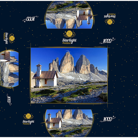 Chapel at the Three Peaks Hut against the north walls of the Three Peaks, Sesto Dolomites, Trentino-South Tyrol 1000 Jigsaw Puzzle box 3D Modell