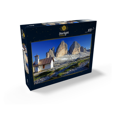 Chapel at the Three Peaks Hut against the north walls of the Three Peaks, Sesto Dolomites, Trentino-South Tyrol 100 Jigsaw Puzzle box view1