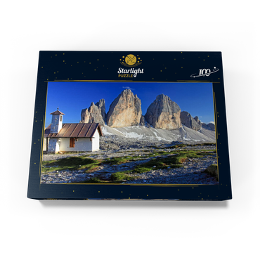 Chapel at the Three Peaks Hut against the north walls of the Three Peaks, Sesto Dolomites, Trentino-South Tyrol 100 Jigsaw Puzzle box view1