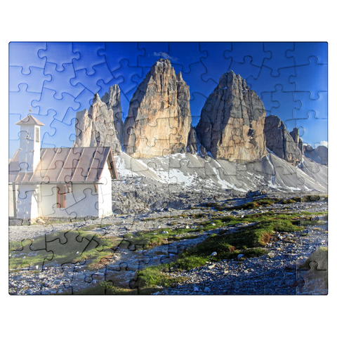 puzzleplate Chapel at the Three Peaks Hut against the north walls of the Three Peaks, Sesto Dolomites, Trentino-South Tyrol 100 Jigsaw Puzzle